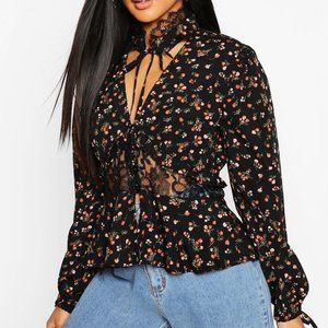 Boohoo Black Woven Floral Lace Eyelet Blouse – Size 10